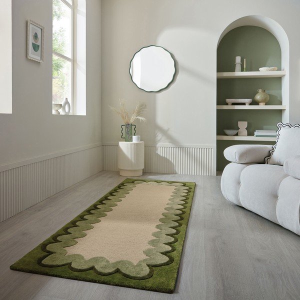 Zaļš/dabīga toņa ar rokām darināts vilnas celiņa paklājs 80x230 cm Wiggle Wool – Flair Rugs-image-1