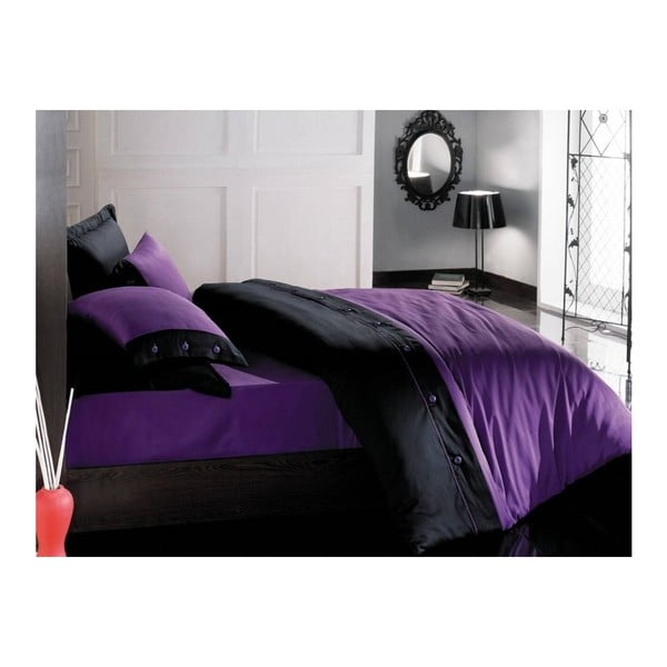 Melni un violeti kokvilnas satīna gultasveļa ar gultas pārklāju, 200 x 220 cm
