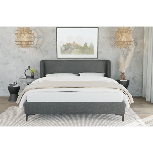 Tumši pelēka polsterēta divvietīga gulta ar redelēm 140x200 cm Basti – Ropez-image-2