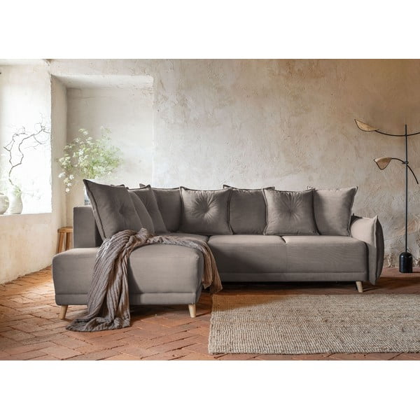 Gaiši brūns velveta salokāms stūra dīvāns (ar kreiso stūri) Lazy Lukka – Miuform-image-1