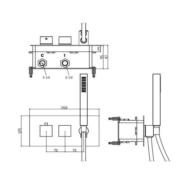 Spīdīgas sudraba krāsas iebūvēts jaucējkrāns dušai (ar 2 izvadiem) Latus – Sapho-image-4
