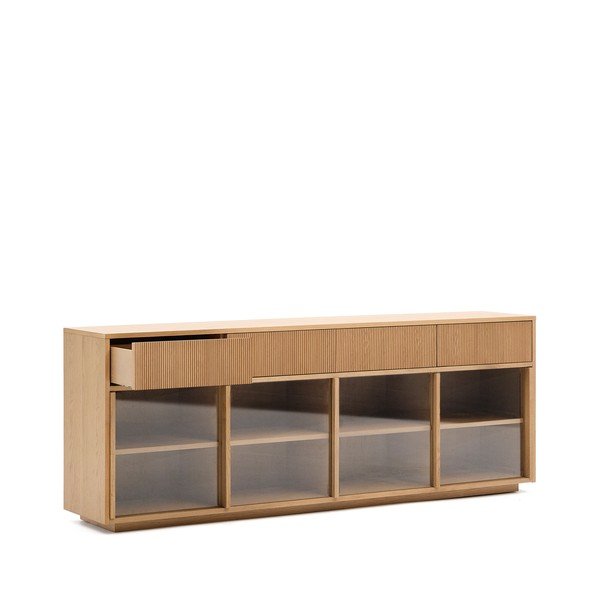 Dabīga toņa vitrīna ar ozolkoka imitāciju ar bīdāmām durvīm 200x80x40 cm Helvine – Kave Home-image-3