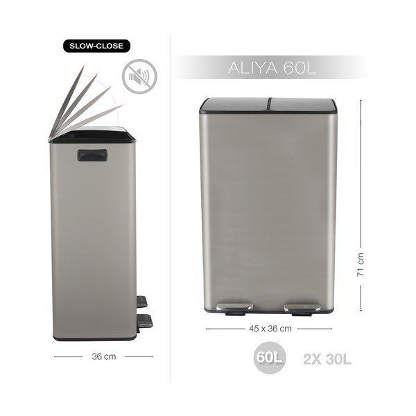 Pelēkbrūna atkritumu šķirošanas tērauda atkritumu tvertne ar pedāli 2x30 l   Aliya – Spirella-image-3