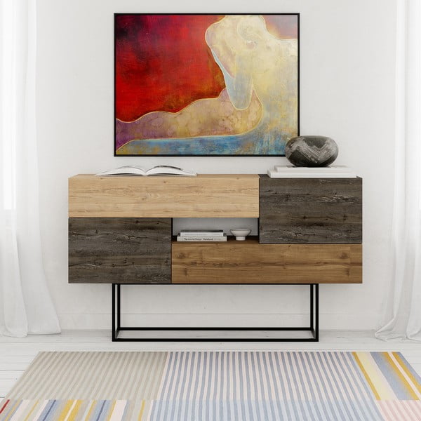 Brūna/dabīga toņa zema kumode ar ozolkoka imitāciju 145x82 cm Titan – Marckeric-image-2