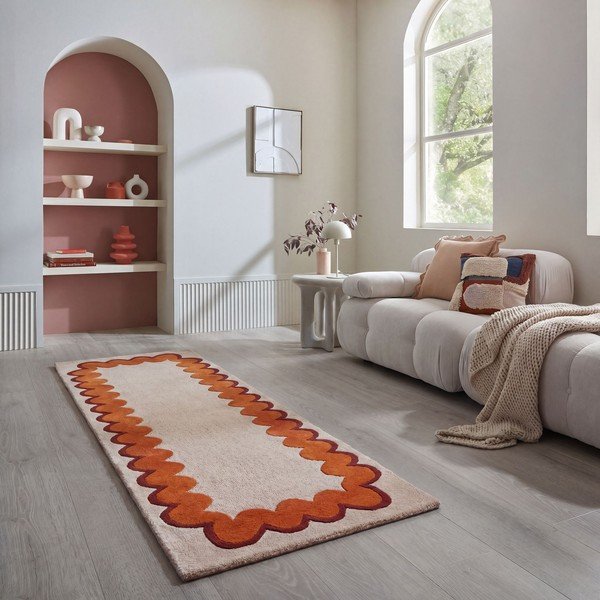 Oranžs/dabīga toņa ar rokām darināts vilnas celiņa paklājs 80x230 cm Wiggle Wool – Flair Rugs-image-1