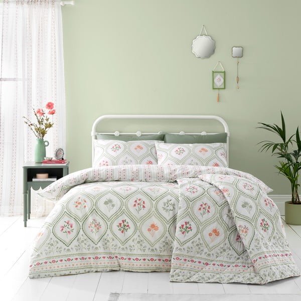 Zaļa/krēmkrāsas divguļamā gultas veļa 200x200 cm Cameo Floral – Catherine Lansfield