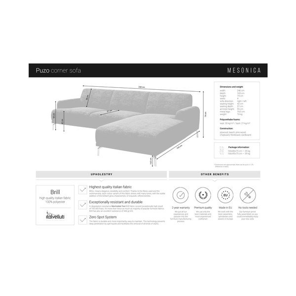 Zils stūra dīvāns ar metāla kājām MESONICA Puzo, kreisais stūris-image-1