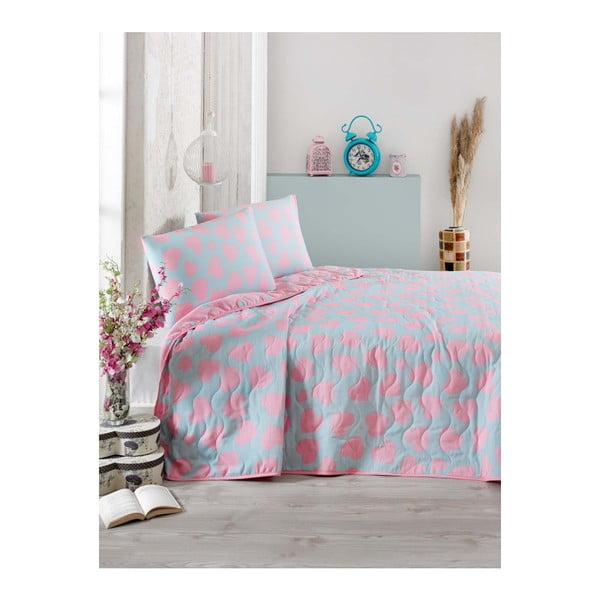 Zils un rozā divguļamās gultas pārklājs ar spilvendrānām Pari, 200 x 220 cm