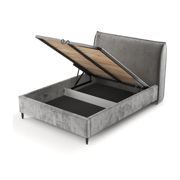 Pelēka polsterēta divvietīga gulta ar veļas kasti un redelēm 160x200 cm Shell – Maison de Rêve-image-4