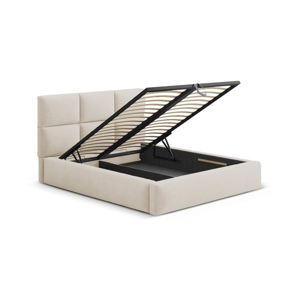 Bēša polsterēta divvietīga gulta ar veļas kasti ar redelēm 200x200 cm Libera – Windsor & Co Sofas-image-2