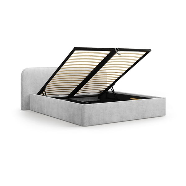 Gaiši pelēka polsterēta divvietīga gulta ar veļas kasti un redelēm 140x200 cm Elizabeth – Micadoni -image-2