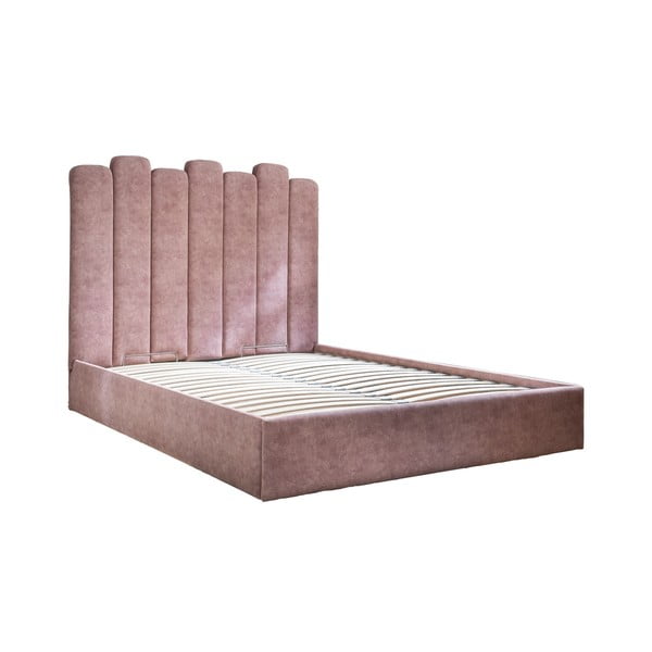 Rozā mīksta divvietīga gulta ar uzglabāšanas vietu un režģi 160x200 cm Dreamy Aurora – Miuform