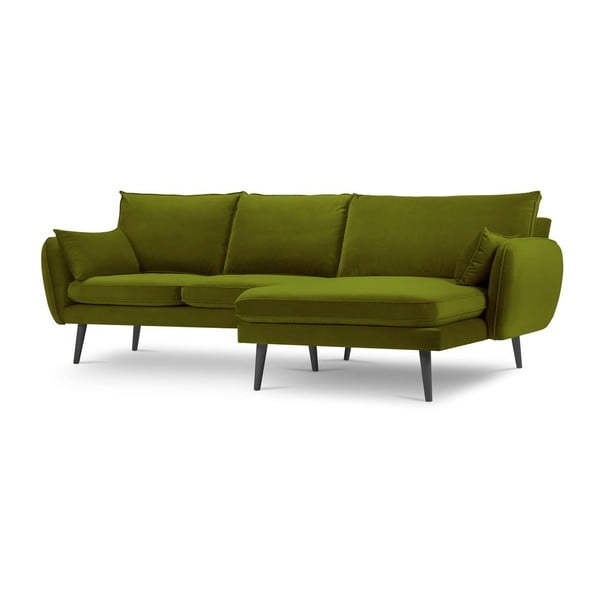 Zaļš samta stūra dīvāns ar melnām kājām Kooko Home Lento, labais stūris