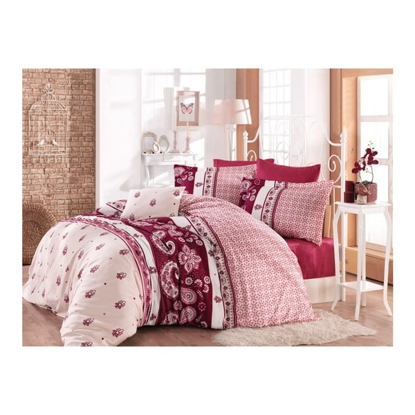 Kokvilnas satīna gultasveļa ar palagu divguļamai gultai Fiesta Garnet, 200 x 220 cm