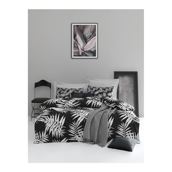 Divguļamā kokvilnas gultasveļa ar palagu un 2 spilvendrānām Mijolnir Palmiye Black, 200 x 220 cm