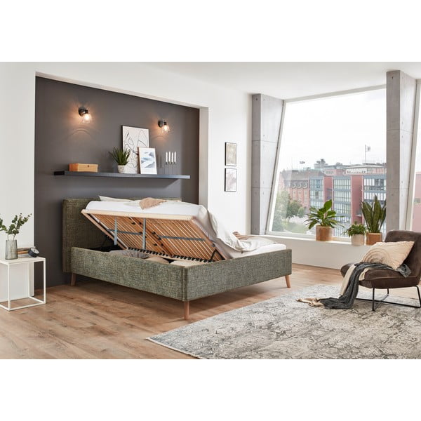 Tumši zaļa polsterēta divvietīga gulta ar veļas kasti ar redelēm 180x200 cm Riva – Meise Möbel-image-3