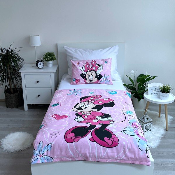 Rozā kokvilnas bērnu gultas veļa bērnu gultiņai 100x135 cm Minnie Flowers  – Jerry Fabrics-image-1
