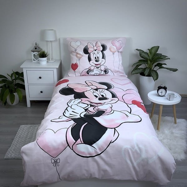 Rozā vienguļamā kokvilnas bērnu gultas veļa 140x200 cm Minnie "Balloon" – Jerry Fabrics-image-1