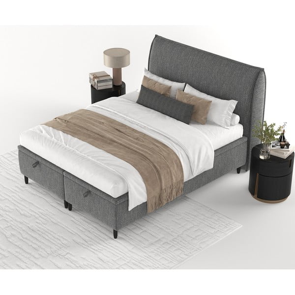 Pelēka polsterēta divvietīga gulta ar veļas kasti 200x200 cm Pearl – Maison de Rêve-image-4