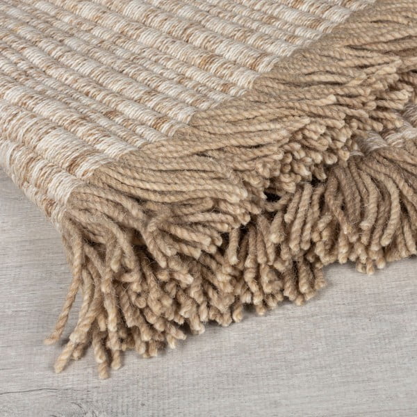 Bēšs ar rokām darināts paklājs no vilnas maisījuma 120x170 cm Rene Fringed Ribbed – Flair Rugs-image-2