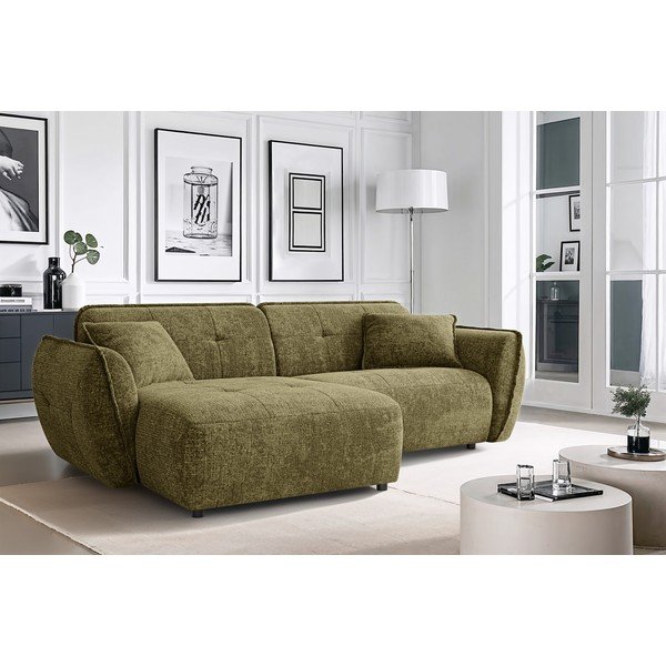 Zaļš stūra dīvāns no šenila auduma (ar kreiso stūri/ar zvilni) Nelia – Ropez-image-1