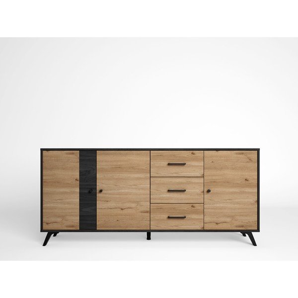 Melna/dabīga toņa zema kumode ar ozolkoka imitāciju 181x81 cm Bocami – Marckeric-image-1