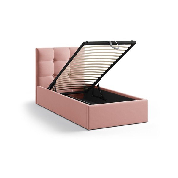 Rozā polsterēta vienvietīga gulta ar veļas kasti un redelēm 90x200 cm Phaedra – Micadoni -image-1