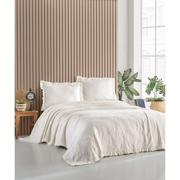 Krēmkrāsas gultas pārklājs un spilvendrānas  divguļamai gultai 220x240 cm Ilda – Mijolnir