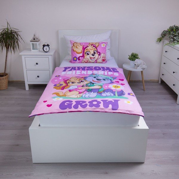 Rozā kokvilnas bērnu gultas veļa 100x135 cm Paw Patrol "Pawsome friendships grow" – Jerry Fabrics-image-1