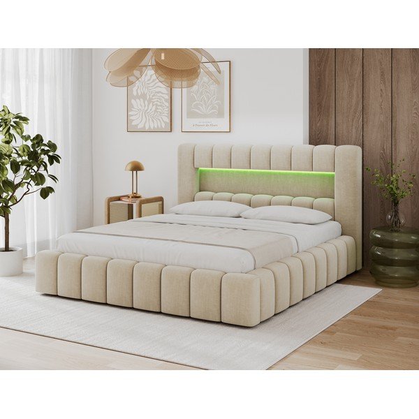 Bēša polsterēta divvietīga gulta ar veļas kasti un ar redelēm 140x200 cm Lamica – ELTAP-image-1