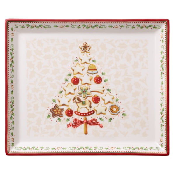 Sarkani bēšs porcelāna servīzes šķīvis ar Ziemassvētku motīvu Villeroy & Boch, 27,4 x 22,7 cm