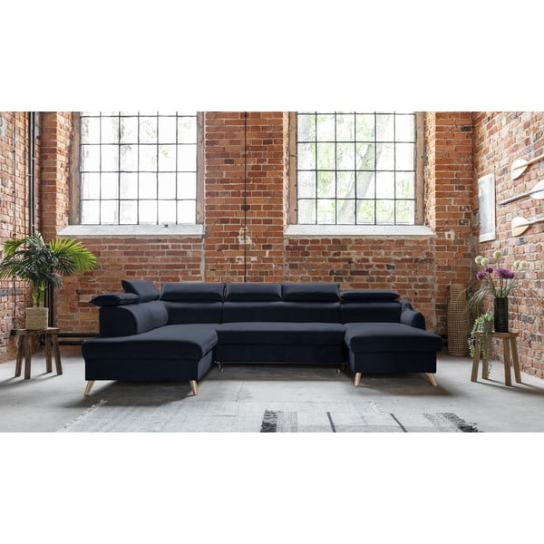 Tumši zils samta salokāms stūra dīvāns (ar kreiso stūri/U veida) Sweet Harmony – Miuform-image-1