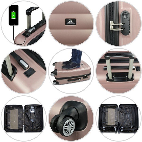 3 sarkanu ceļojuma koferu komplekts uz riteņiem ar USB pieslēgvietām un rokas somu My Valice RESSO Travel Set-image-4