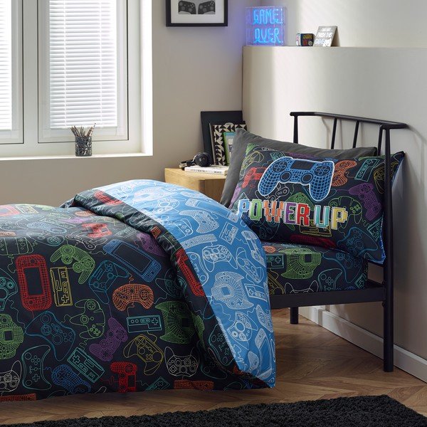 Melna vienguļamā bērnu gultas veļa 135x200 cm Power Up Gamer – Catherine Lansfield-image-1