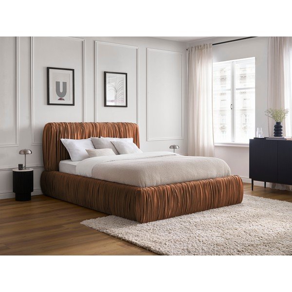 Oranža polsterēta divvietīga gulta ar veļas kasti un redelēm 160x200 cm Blair – Bobochic Paris-image-1