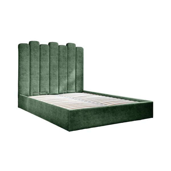 Zaļa mīksta divvietīga gulta ar uzglabāšanas vietu un režģi 160x200 cm Dreamy Aurora – Miuform
