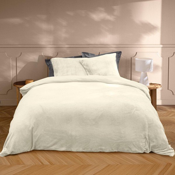 Krēmkrāsas divguļamā/īpaši gara trīsdaļīga gultas veļa no mikroflaneļa 240x220 cm Flanou – douceur d'intérieur-image-1