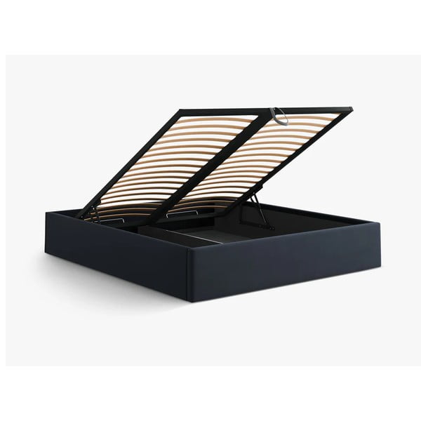 Tumši zila polsterēta divvietīga gulta ar veļas kasti/bez galvgaļa ar redelēm 140x200 cm Susan – Micadoni -image-3