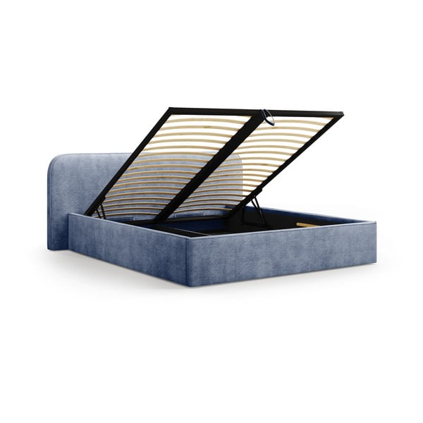 Tumši zila polsterēta divvietīga gulta ar veļas kasti un redelēm 140x200 cm Elizabeth – Micadoni -image-2