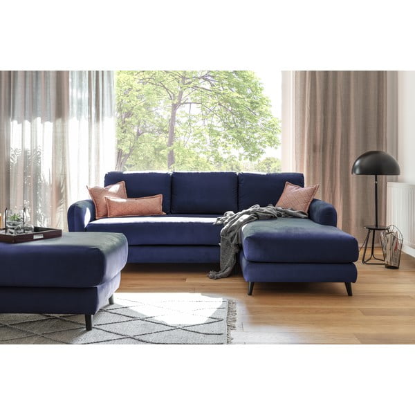 Tumši zils samta stūra dīvāns ar kāju soliņu Miuform Cozy Claire, labais stūris-image-3