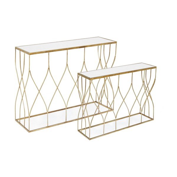 Zelta krāsas konsoles galdi (2 gab.) ar stikla galda virsmu 33x104 cm Elenor – Bizzotto-image-2