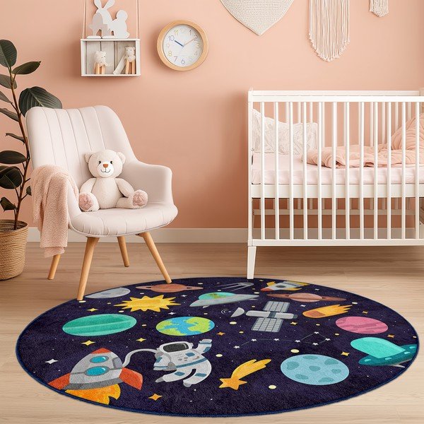Tumši zils mazgājams bērnu rotaļu paklājs ø120 cm Into The Space – Mila Home-image-3