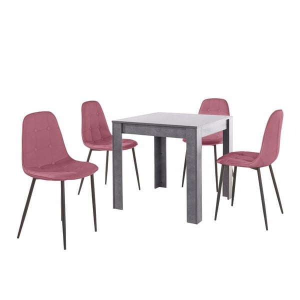 Pelēka ēdamgalda un 4 rozā ēdamistabas krēslu komplekts Støraa Lori Lamar Duro