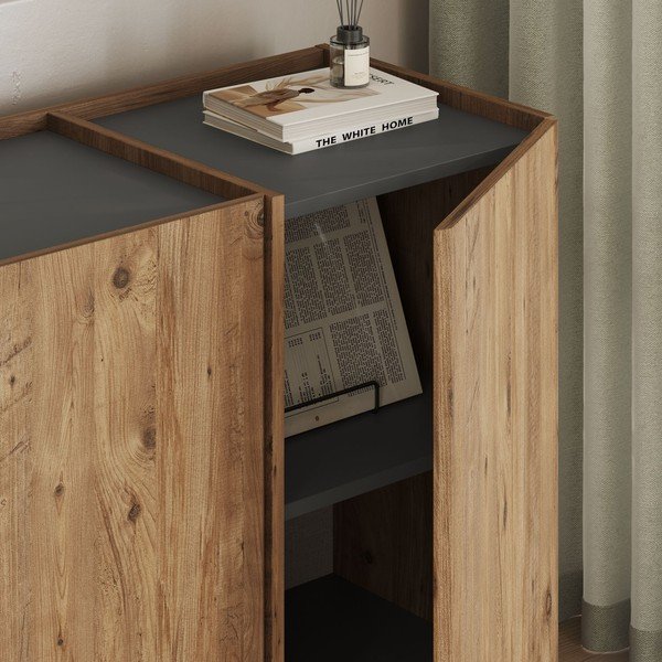 Dabīga toņa kumode ar priedes koka imitāciju ar caurumu vadiem 180x80x45 cm Dorma – Kalune Design-image-4