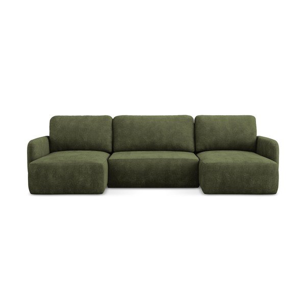 Zaļš salokāms (U veida) stūra dīvāns no šenila auduma ar uzglabāšanas vietu Lilo – Makamii