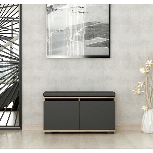 Melns/dabīga toņa apavu plaukts ar riekstkoka imitāciju ar soliņu Drago – Kalune Design-image-2