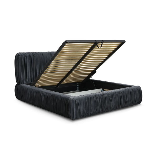 Gaiši zila polsterēta divvietīga gulta ar veļas kasti un redelēm 180x200 cm Blair – Bobochic Paris-image-3