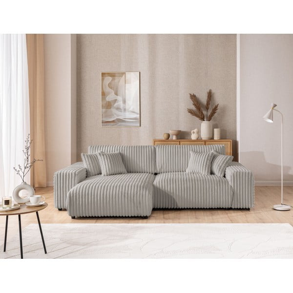 Gaiši pelēks izvelkams velveta stūra dīvāns ar uzglabāšanas vietu (ar kreiso stūri) Sarina – Ropez-image-1