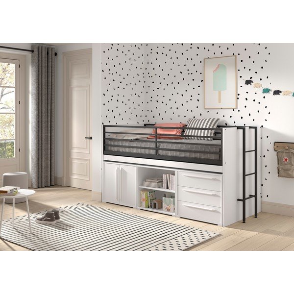 Balta paaugstināta bērnu gulta ar veļas kasti un redelēm 90x200 cm Sam – Vipack-image-1