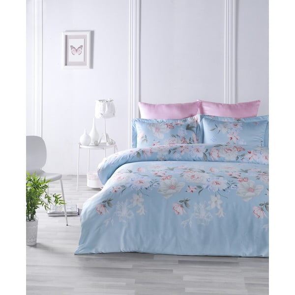 Zila kokvilnas satīna gultas veļa vienvietīgai gultai Primacasa by Türkiz Cielo, 140 x 200 cm